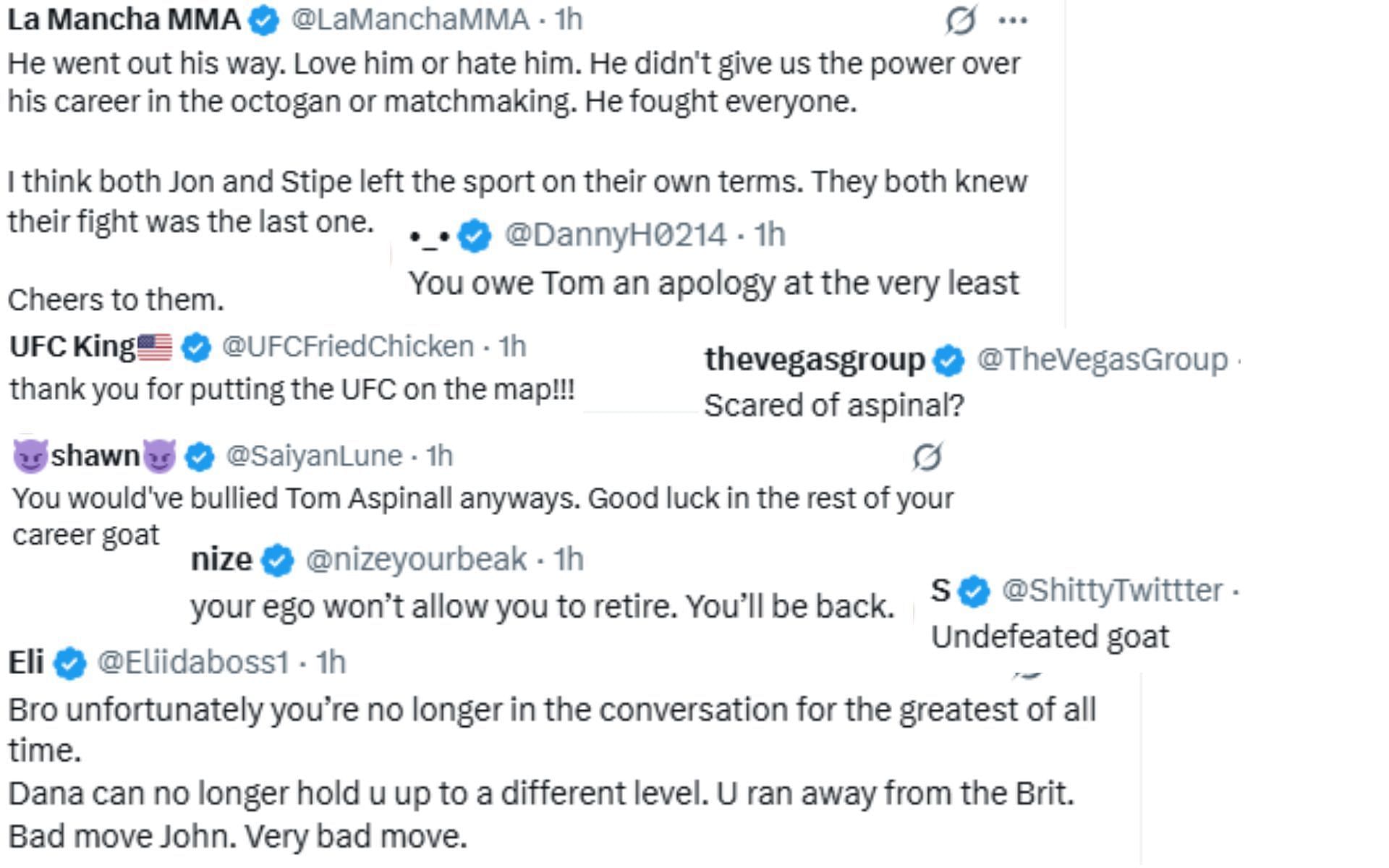 Screenshot of fan reactions to Jon Jones' retirement announcement